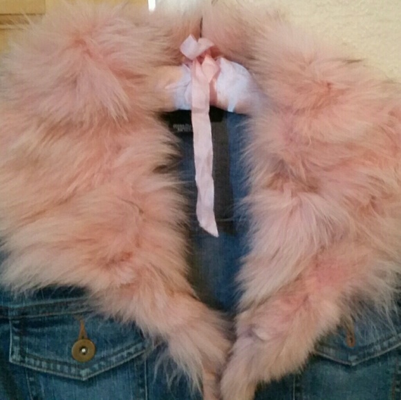 Authentic 100% dyed pink fox fur denim jacket - Picture 6 of 7